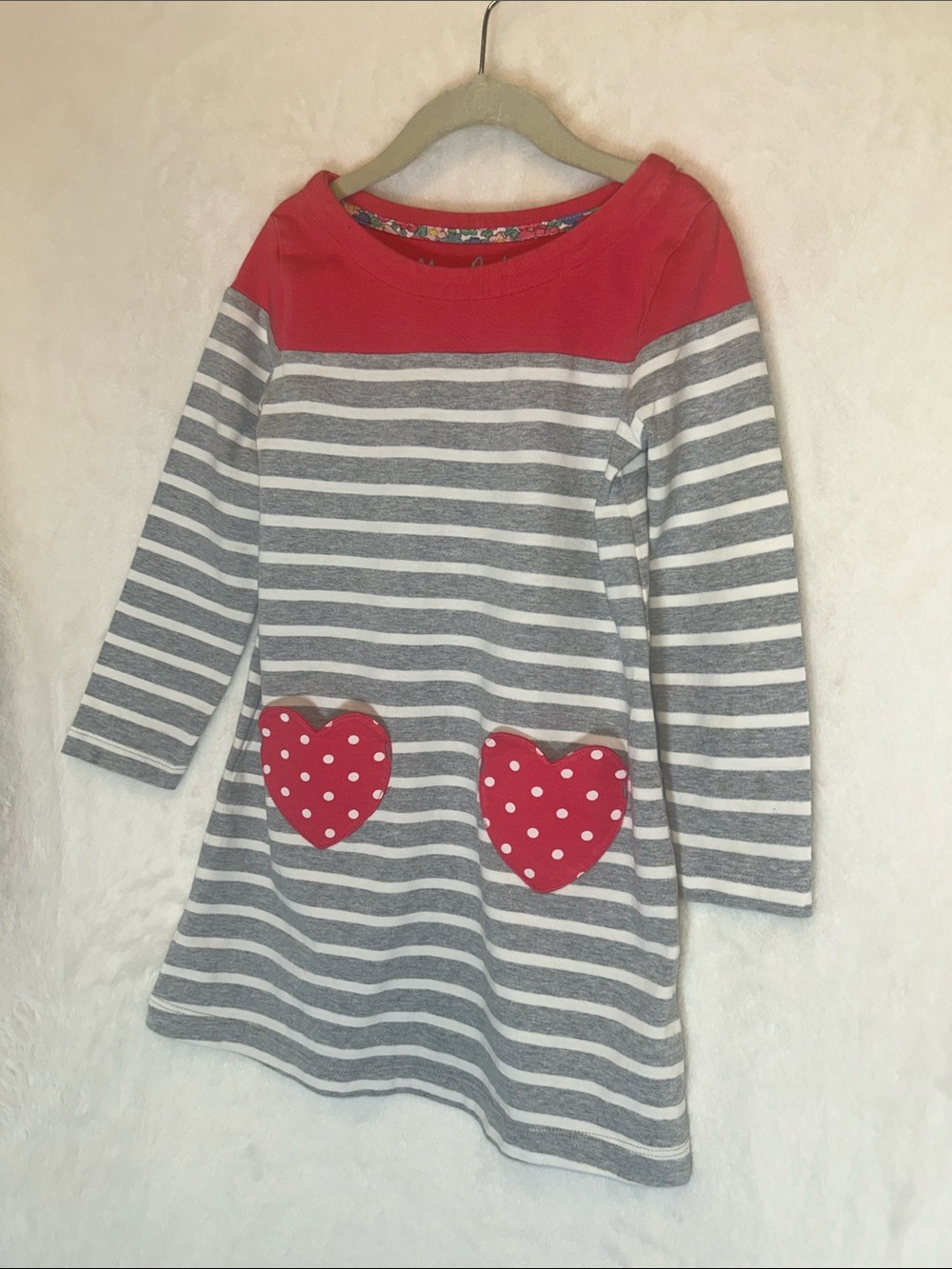 Mini Boden Gray & Pink Striped Heart Pocket Dress